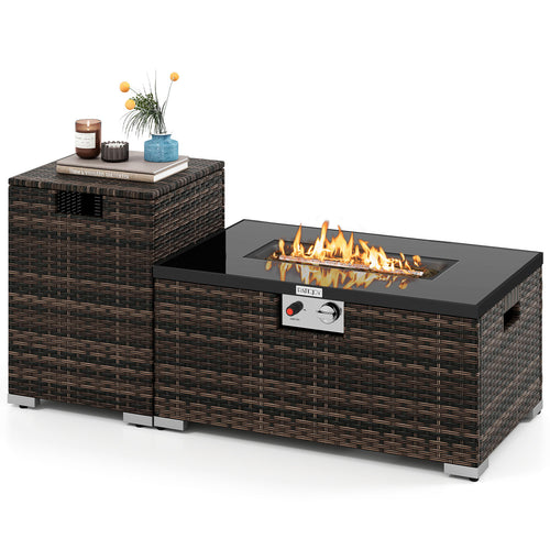 2-Piece Outdoor Rattan Fire Table Set 32 Inch Rectangle Gas Firepit with Tank Cover, Brown