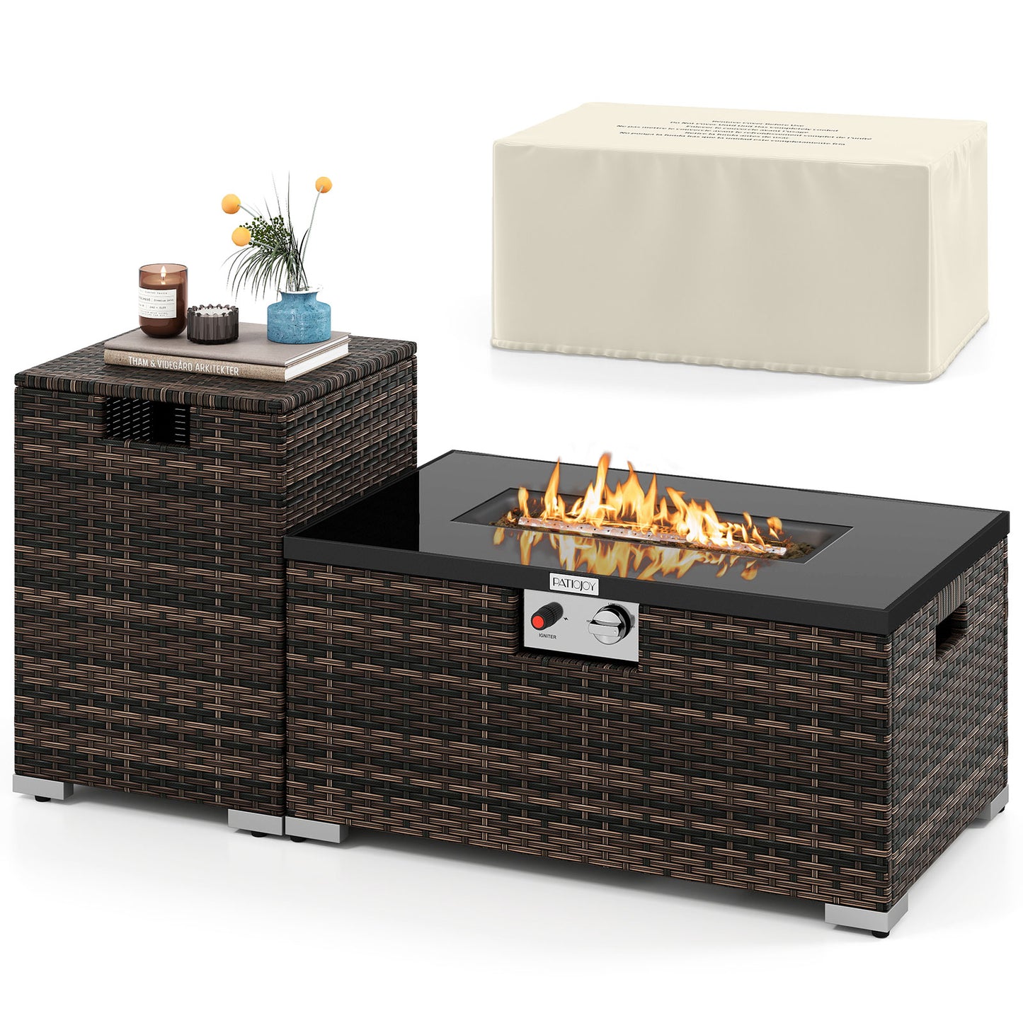 2-Piece Outdoor Rattan Fire Table Set 32 Inch Rectangle Gas Firepit with Tank Cover, Brown Fire Pit Tables at Gallery Canada