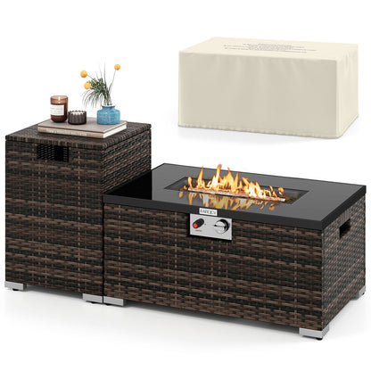 2-Piece Outdoor Rattan Fire Table Set 32 Inch Rectangle Gas Firepit with Tank Cover, Brown Fire Pit Tables at Gallery Canada