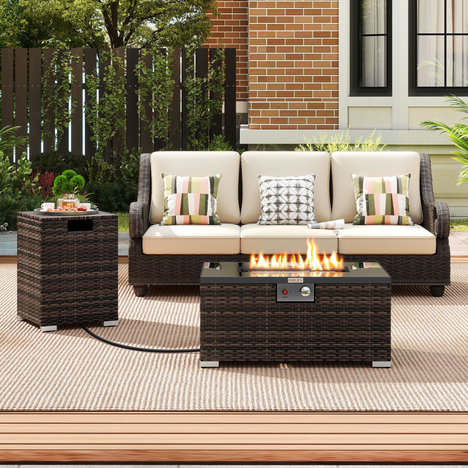 2-Piece Outdoor Rattan Fire Table Set 32 Inch Rectangle Gas Firepit with Tank Cover, Brown Fire Pit Tables at Gallery Canada