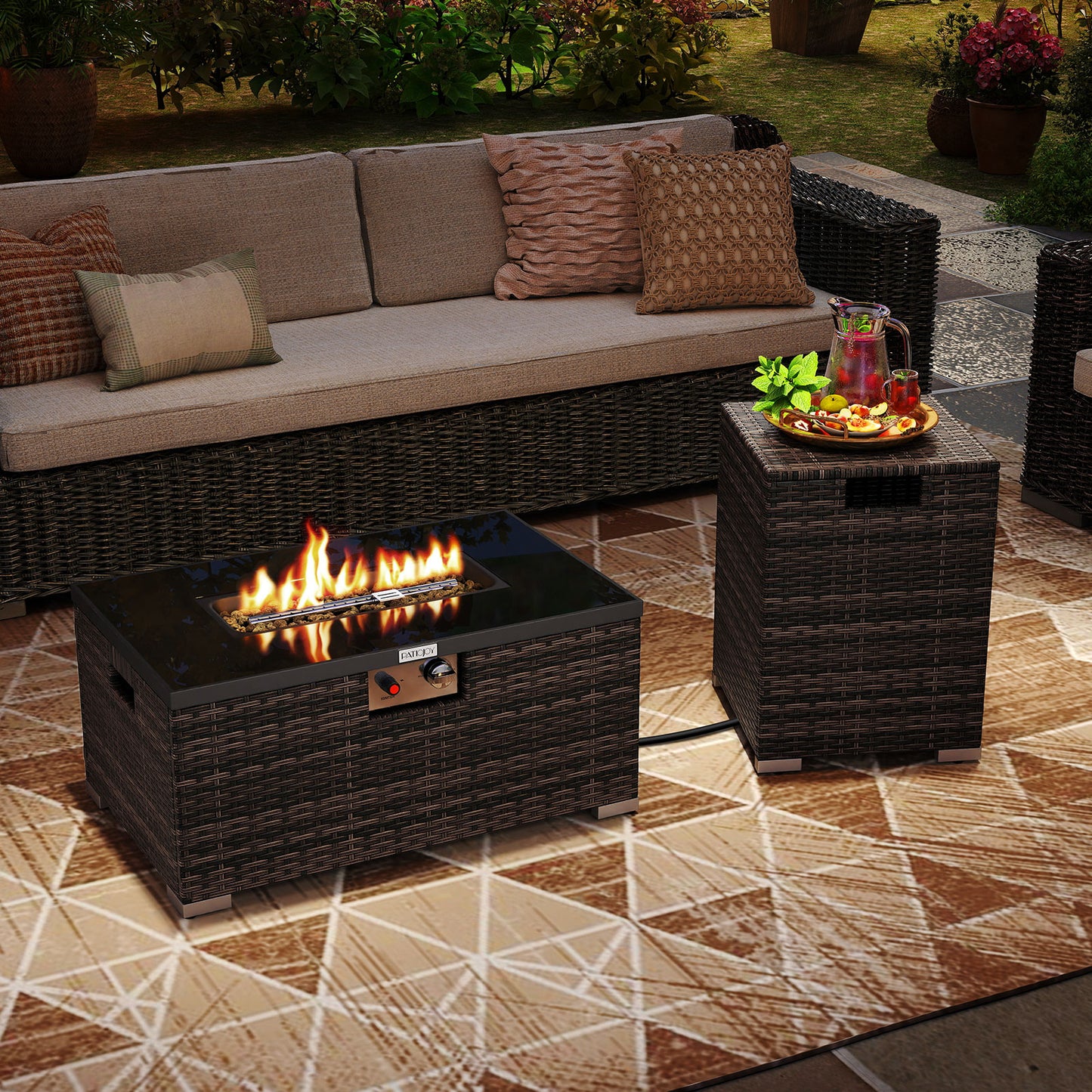 2-Piece Outdoor Rattan Fire Table Set 32 Inch Rectangle Gas Firepit with Tank Cover, Brown Fire Pit Tables at Gallery Canada