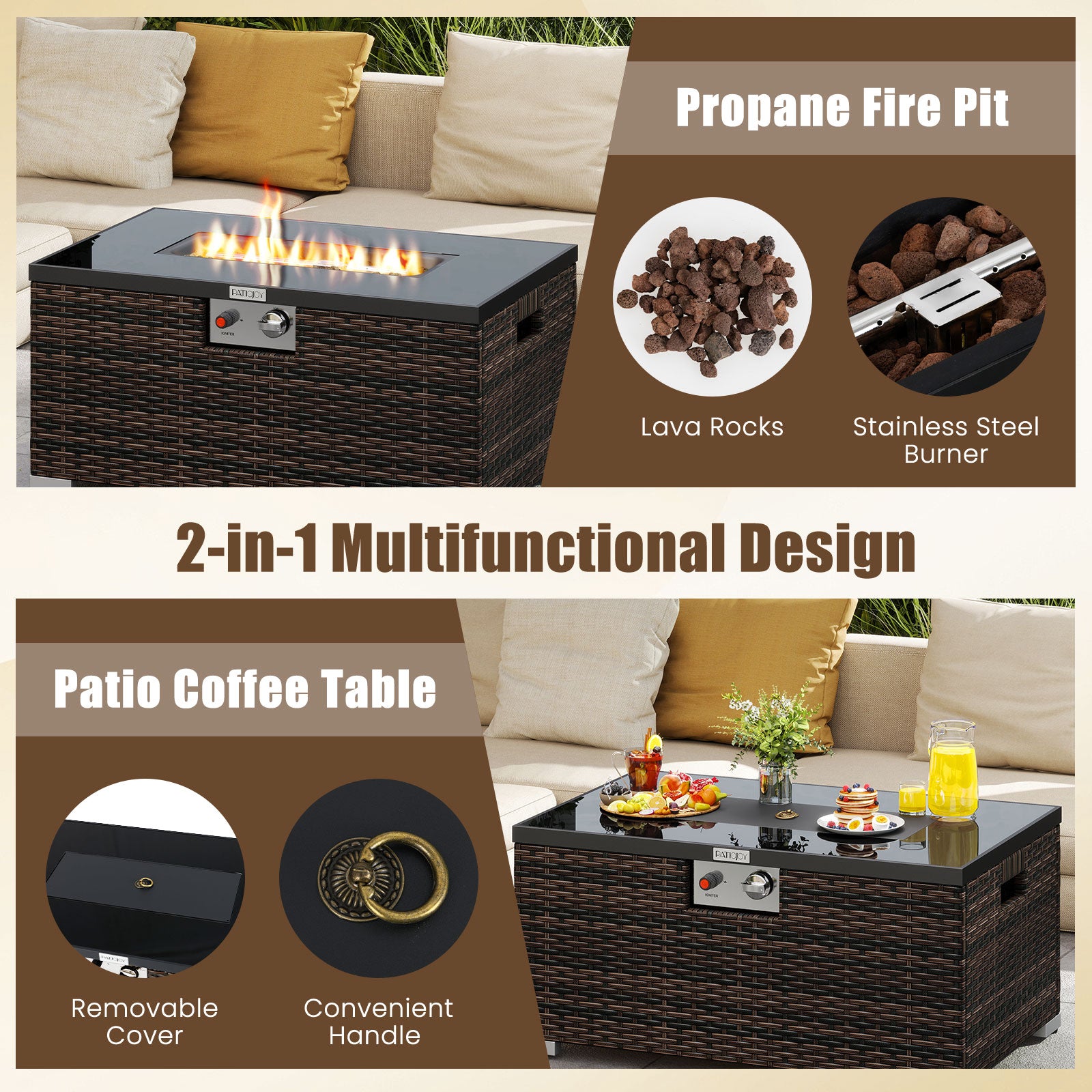 2-Piece Outdoor Rattan Fire Table Set 32 Inch Rectangle Gas Firepit with Tank Cover, Brown Fire Pit Tables at Gallery Canada