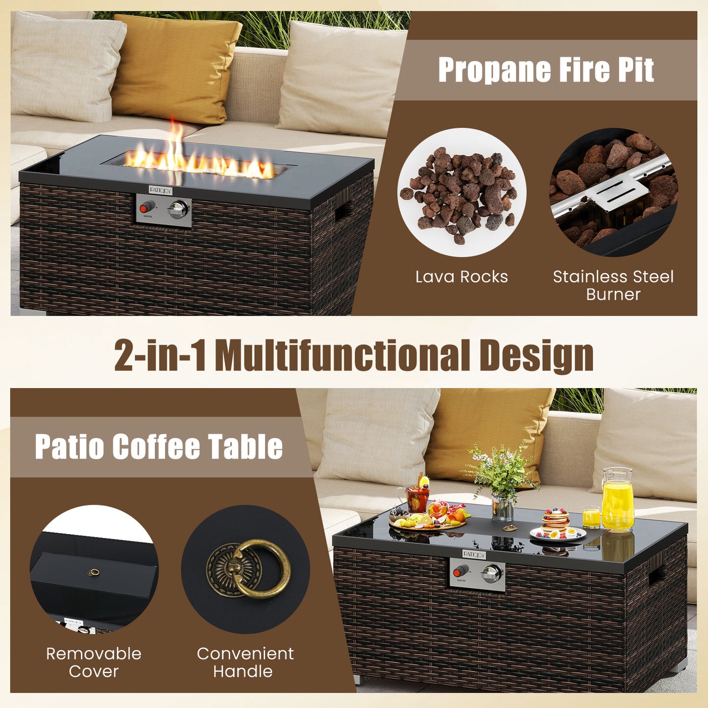 2-Piece Outdoor Rattan Fire Table Set 32 Inch Rectangle Gas Firepit with Tank Cover, Brown Fire Pit Tables at Gallery Canada