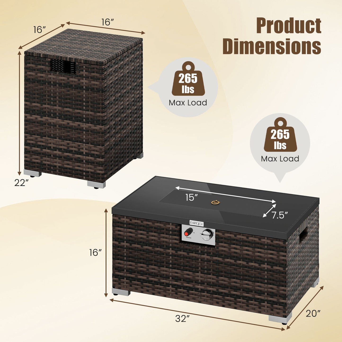2-Piece Outdoor Rattan Fire Table Set 32 Inch Rectangle Gas Firepit with Tank Cover, Brown Fire Pit Tables at Gallery Canada