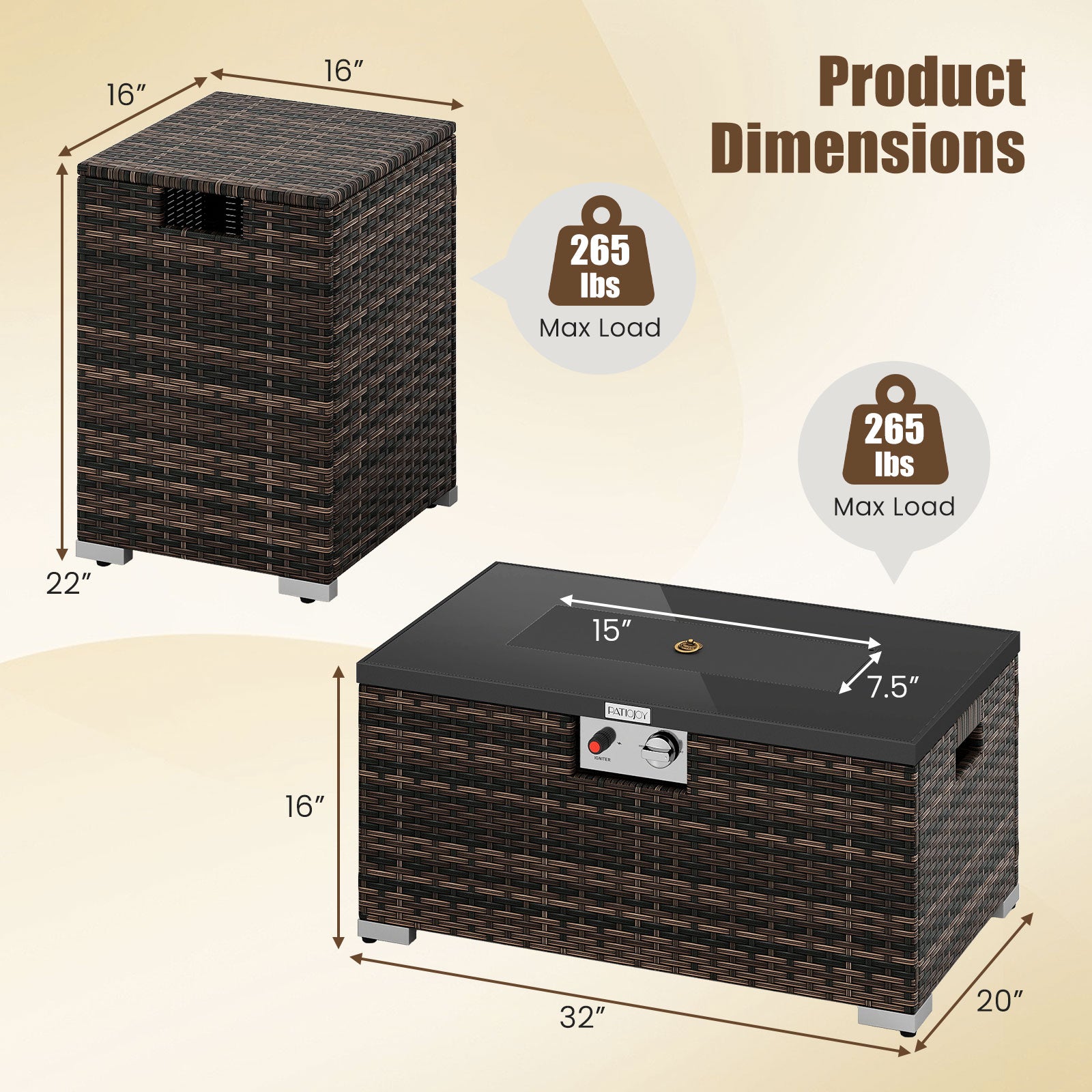 2-Piece Outdoor Rattan Fire Table Set 32 Inch Rectangle Gas Firepit with Tank Cover, Brown Fire Pit Tables at Gallery Canada