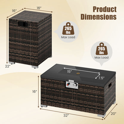 2-Piece Outdoor Rattan Fire Table Set 32 Inch Rectangle Gas Firepit with Tank Cover, Brown Fire Pit Tables at Gallery Canada