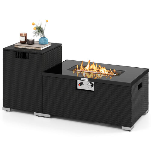 2-Piece Outdoor Rattan Fire Table Set 32 Inch Rectangle Gas Firepit with Tank Cover, Black