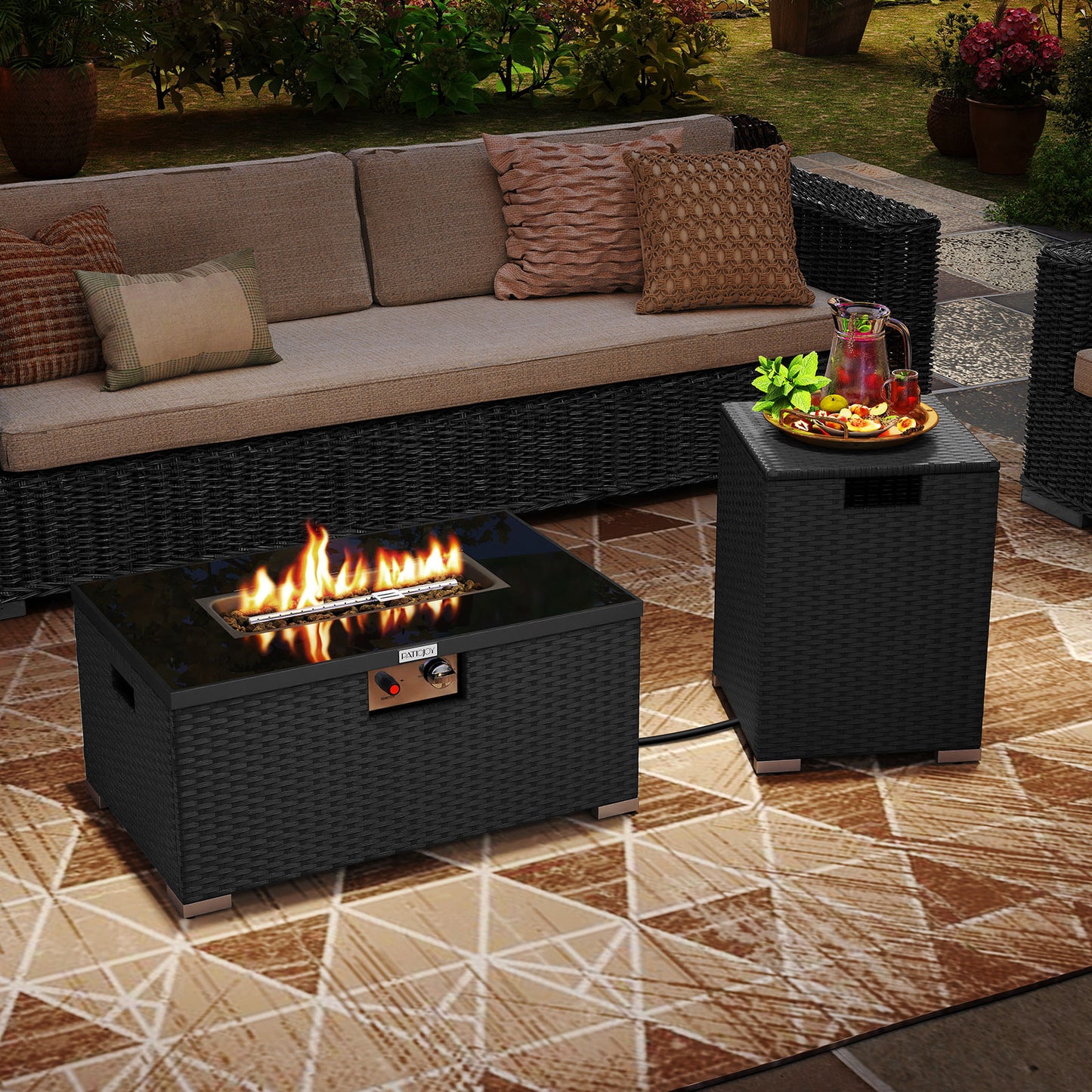 2-Piece Outdoor Rattan Fire Table Set 32 Inch Rectangle Gas Firepit with Tank Cover, Black Fire Pit Tables at Gallery Canada