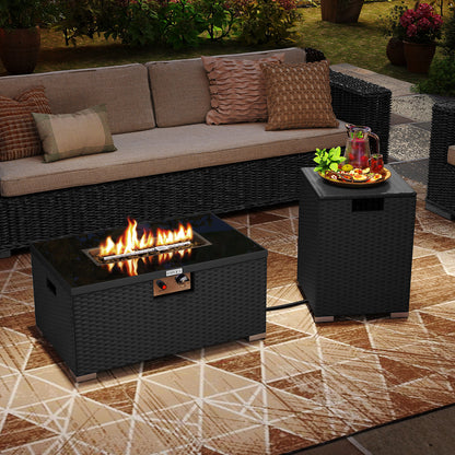 2-Piece Outdoor Rattan Fire Table Set 32 Inch Rectangle Gas Firepit with Tank Cover, Black Fire Pit Tables at Gallery Canada