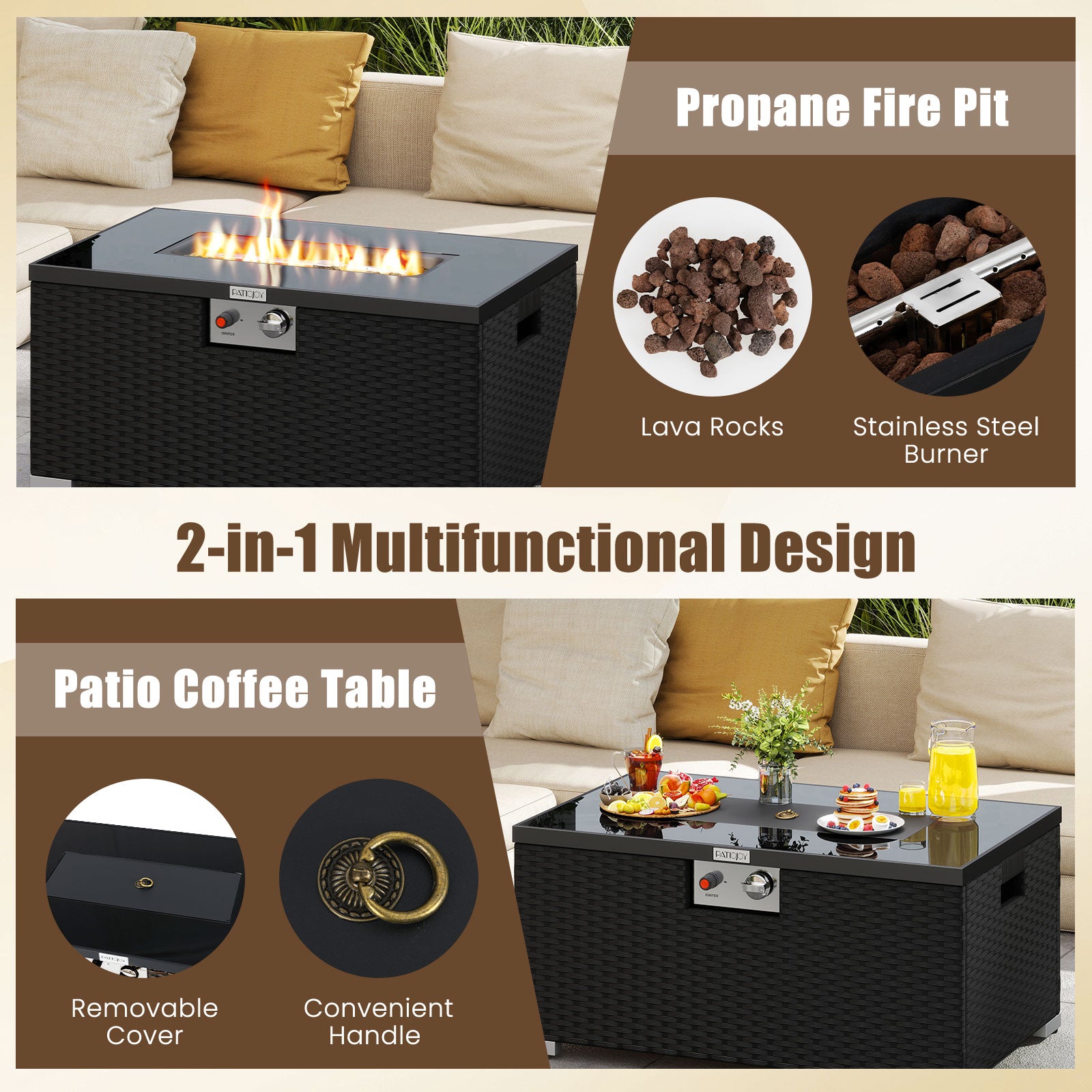 2-Piece Outdoor Rattan Fire Table Set 32 Inch Rectangle Gas Firepit with Tank Cover, Black Fire Pit Tables at Gallery Canada