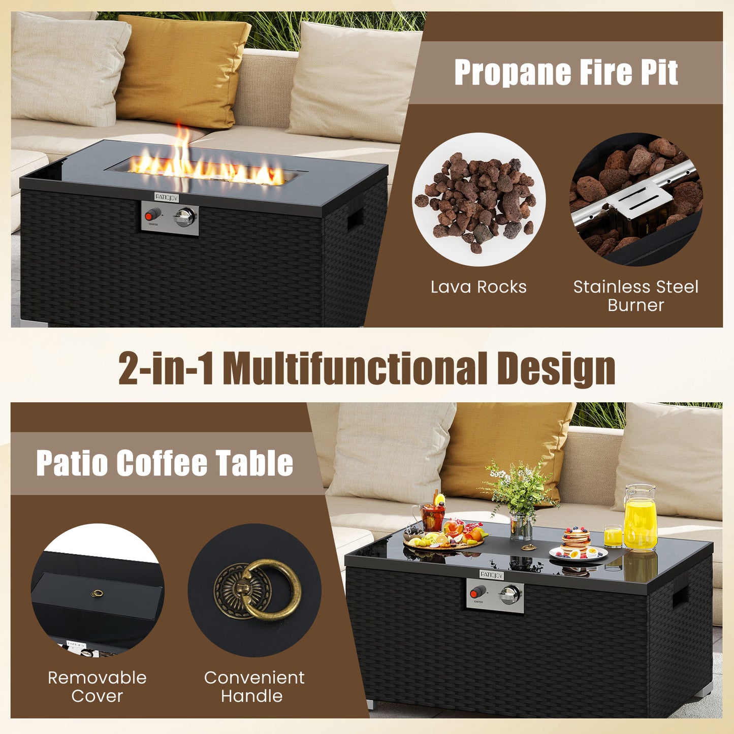 2-Piece Outdoor Rattan Fire Table Set 32 Inch Rectangle Gas Firepit with Tank Cover, Black Fire Pit Tables at Gallery Canada