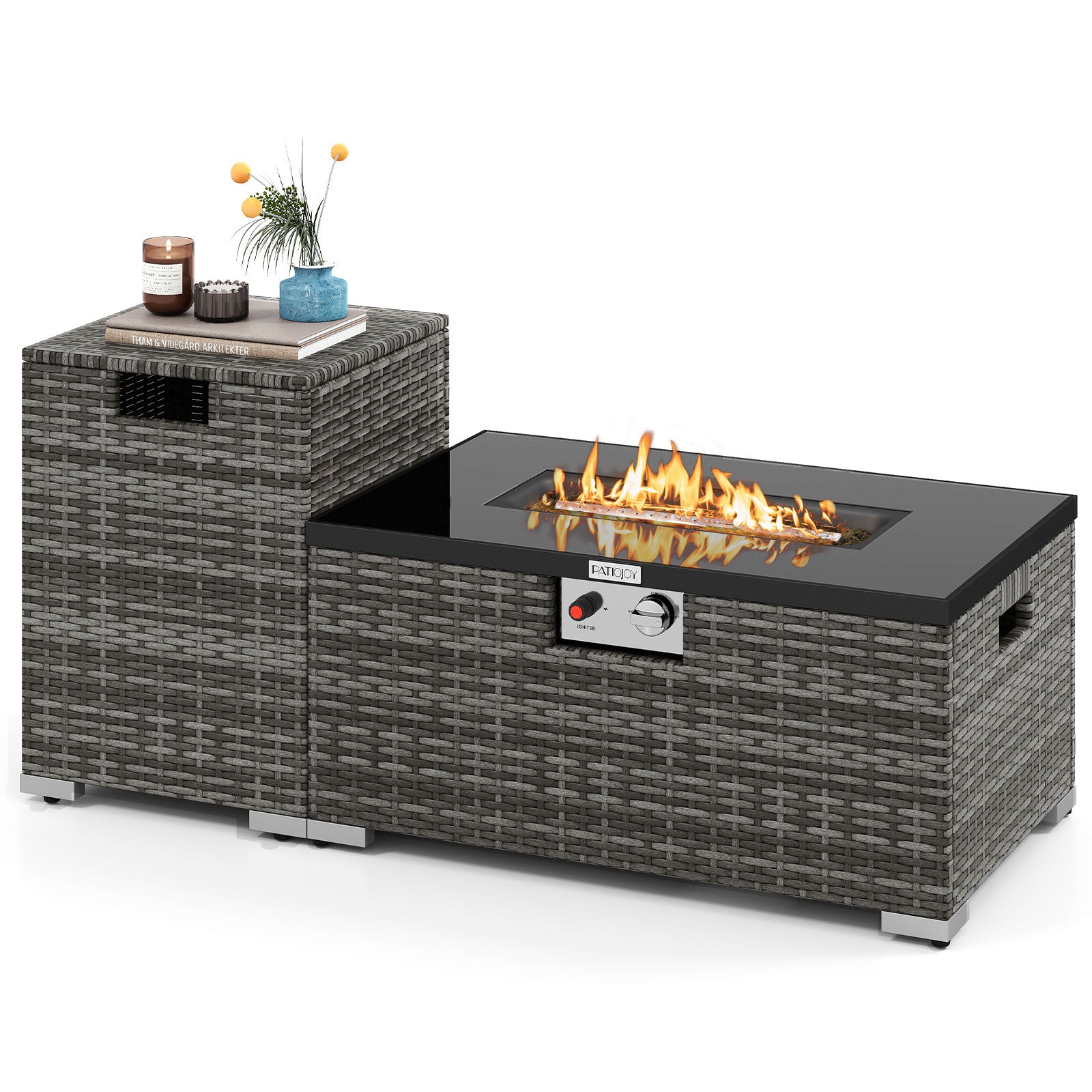 32 Inch Rectangle Gas Fire Table Set, 2-Piece Rattan, Gray Fire Pit Tables Gray at Gallery Canada