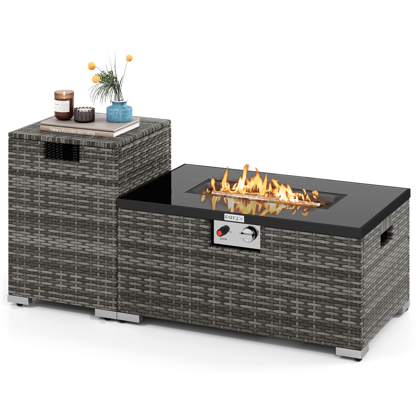 32 Inch Rectangle Gas Fire Table Set, 2-Piece Rattan, Gray Fire Pit Tables Gray at Gallery Canada