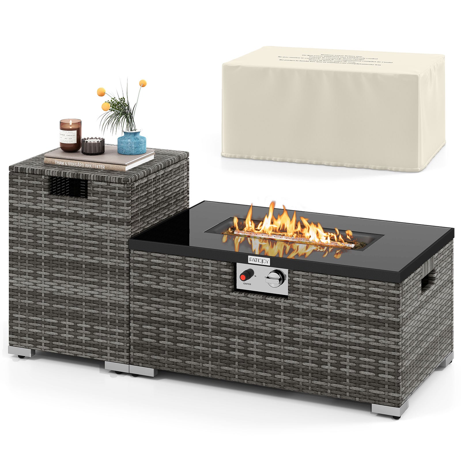 2-Piece Outdoor Rattan Fire Table Set 32 Inch Rectangle Gas Firepit with Tank Cover, Gray Fire Pit Tables at Gallery Canada