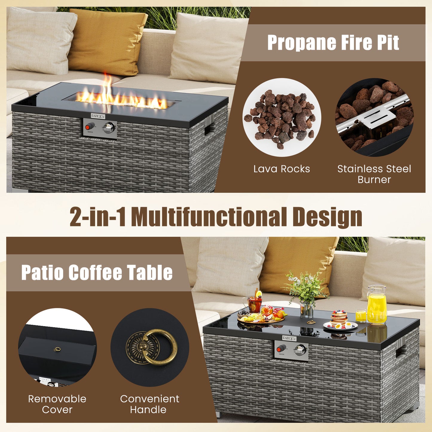 2-Piece Outdoor Rattan Fire Table Set 32 Inch Rectangle Gas Firepit with Tank Cover, Gray Fire Pit Tables at Gallery Canada