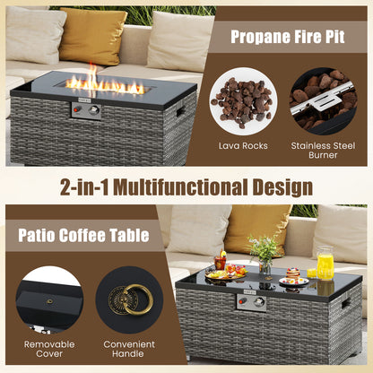 2-Piece Outdoor Rattan Fire Table Set 32 Inch Rectangle Gas Firepit with Tank Cover, Gray Fire Pit Tables at Gallery Canada