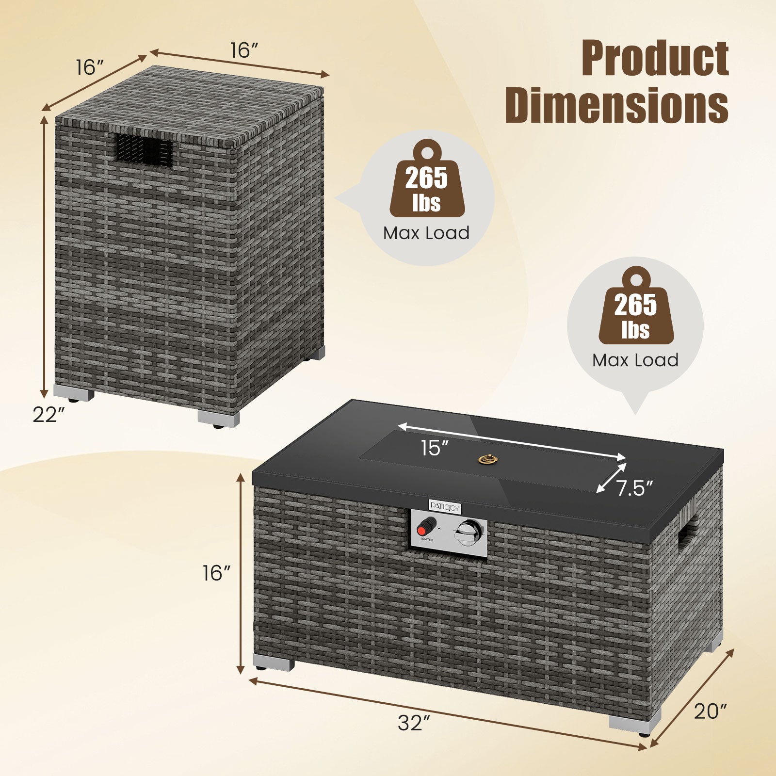 2-Piece Outdoor Rattan Fire Table Set 32 Inch Rectangle Gas Firepit with Tank Cover, Gray Fire Pit Tables at Gallery Canada