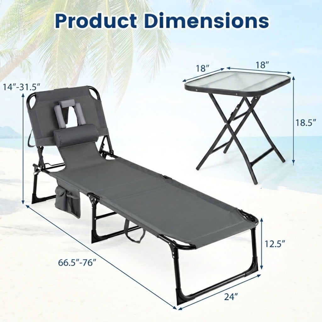 2-Piece Outdoor Tanning Chair & Side Table Set, Folding Lounge Chair