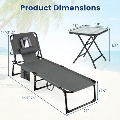 2-Piece Outdoor Tanning Chair & Side Table Set, Folding Lounge Chair
