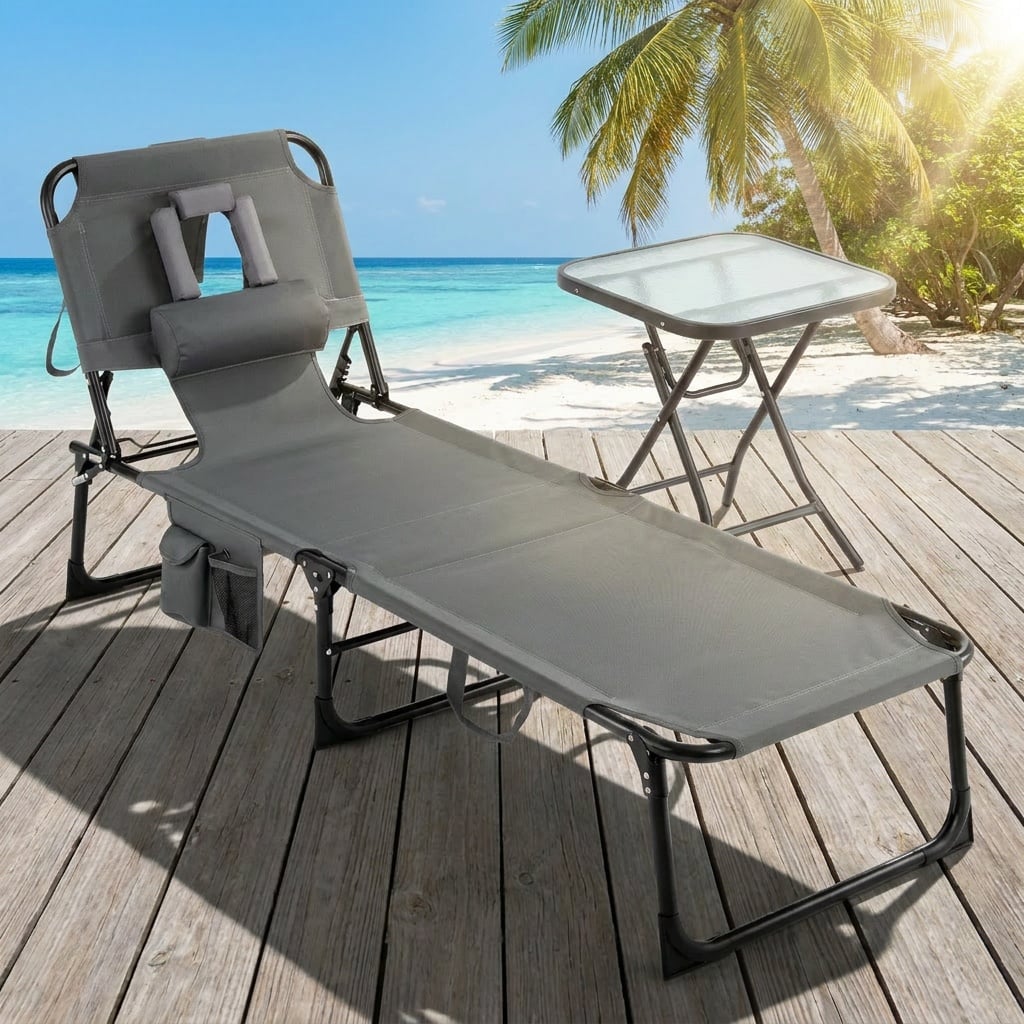 2-Piece Outdoor Tanning Chair & Side Table Set, Folding Lounge Chair