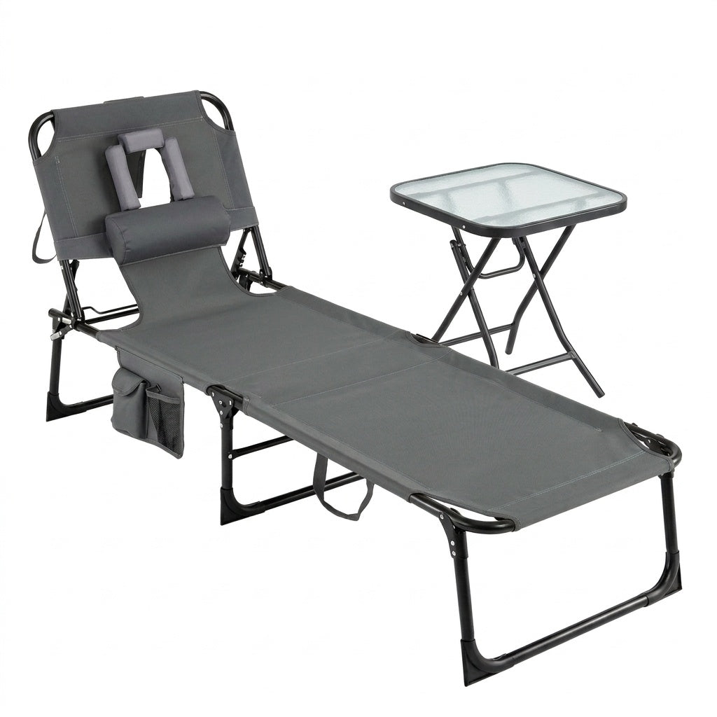 2-Piece Outdoor Tanning Chair & Side Table Set, Folding Lounge Chair Outdoor Chaise Lounges Gray at Gallery Canada