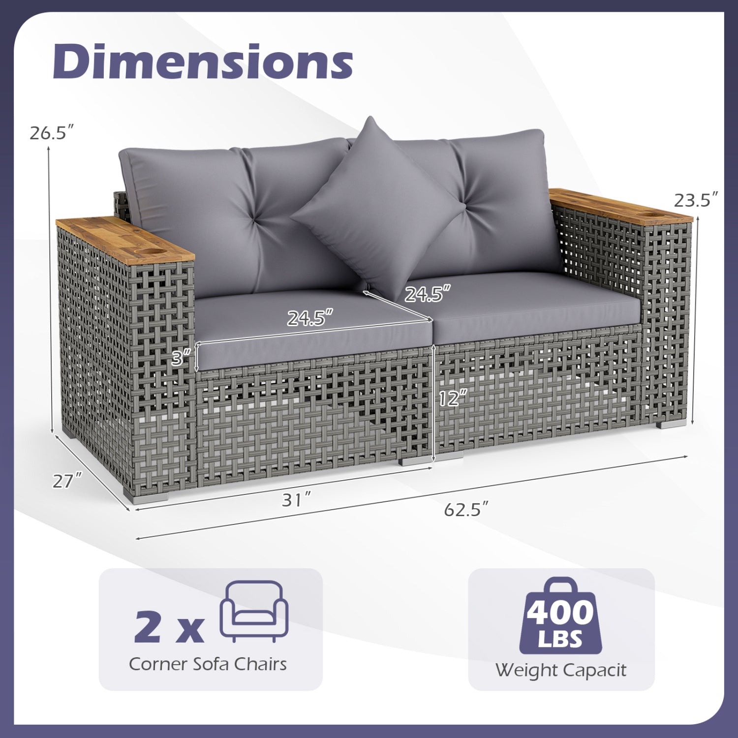 2-Piece Patio Corner Sofa Set, Thick Cushions, Gray Outdoor Sectionals at Gallery Canada
