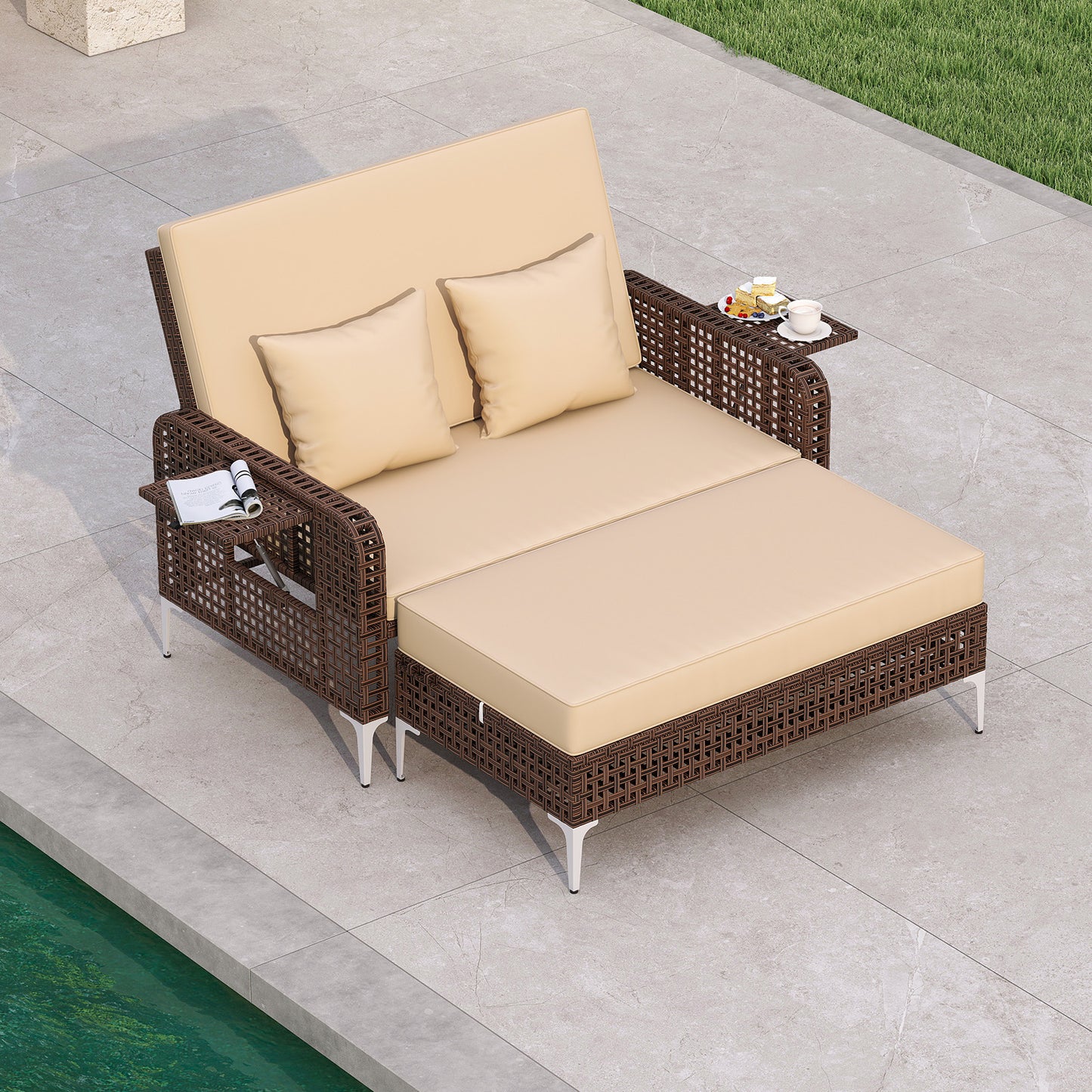 2 Piece Patio Rattan Daybed Wicker Loveseat and Ottoman with Adjustable Backrest, Brown Outdoor Sectionals at Gallery Canada