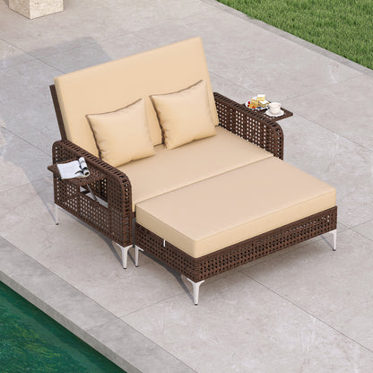 2 Piece Patio Rattan Daybed Wicker Loveseat and Ottoman with Adjustable Backrest, Brown Outdoor Sectionals at Gallery Canada