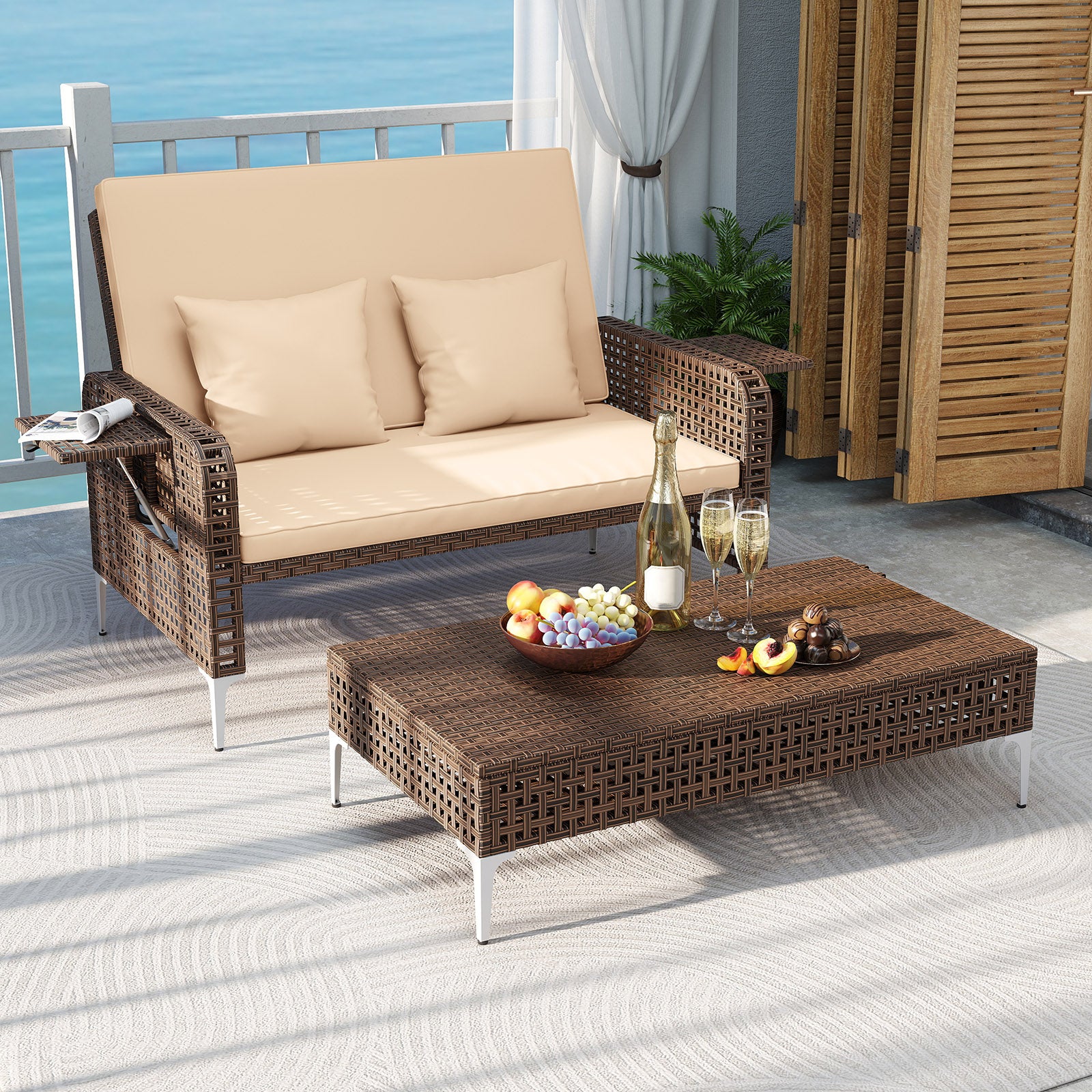 2 Piece Patio Rattan Daybed Wicker Loveseat and Ottoman with Adjustable Backrest, Brown Outdoor Sectionals at Gallery Canada