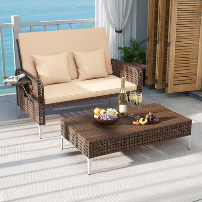 2 Piece Patio Rattan Daybed Wicker Loveseat and Ottoman with Adjustable Backrest, Brown Outdoor Sectionals at Gallery Canada