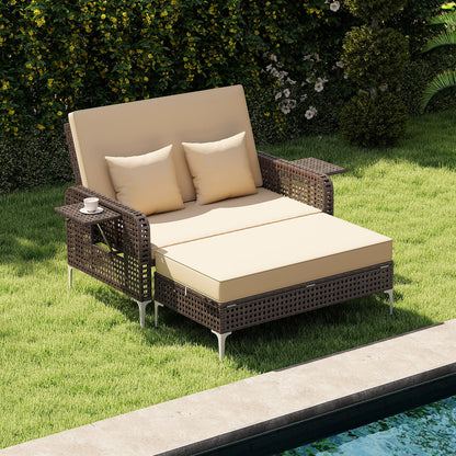 2 Piece Patio Rattan Daybed Wicker Loveseat and Ottoman with Adjustable Backrest, Brown Outdoor Sectionals at Gallery Canada