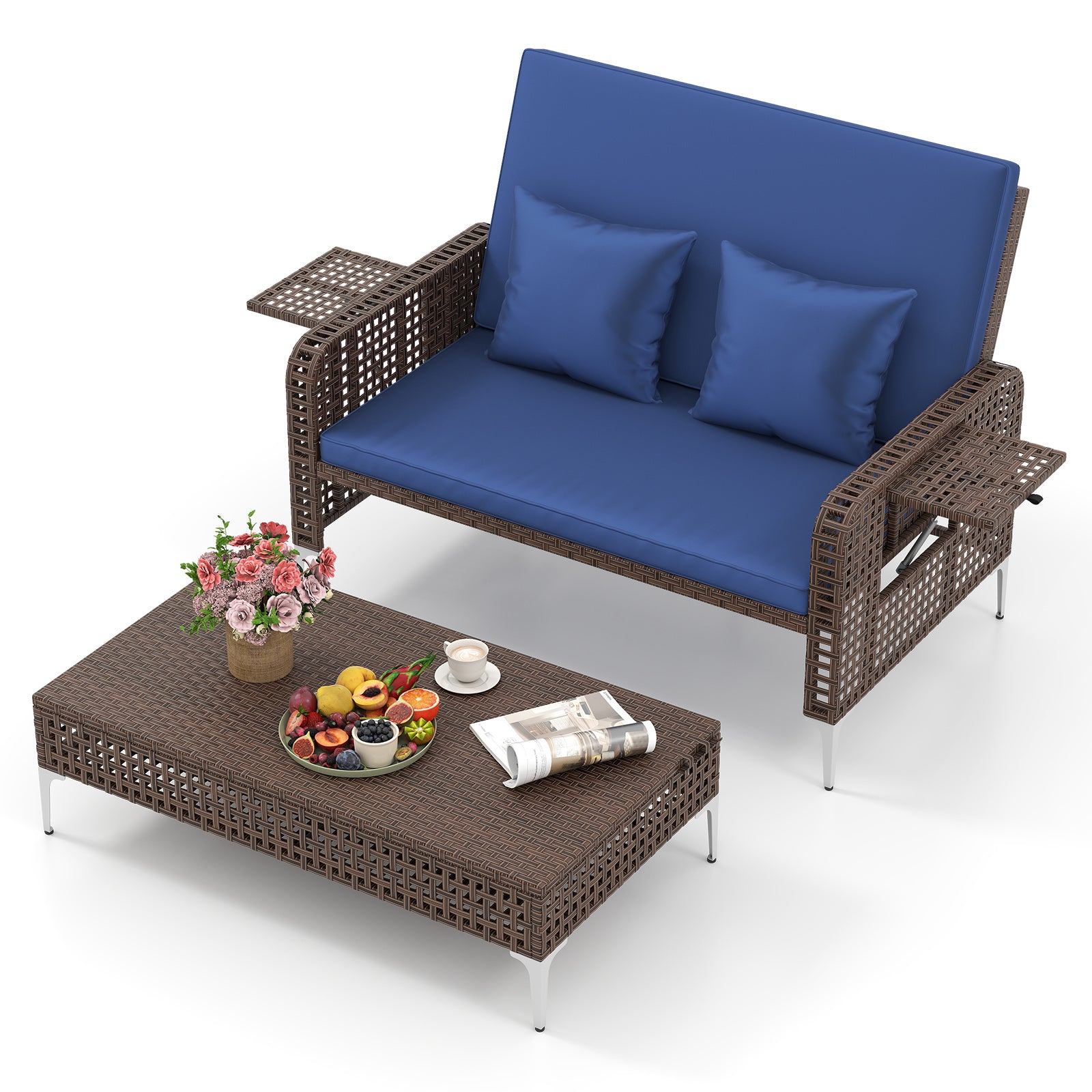 2 Piece Patio Rattan Daybed Wicker Loveseat and Ottoman with Adjustable Backrest, Navy Outdoor Sectionals at Gallery Canada