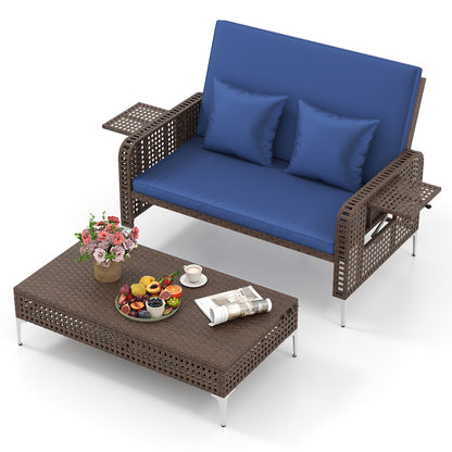 2 Piece Patio Rattan Daybed Wicker Loveseat and Ottoman with Adjustable Backrest, Navy Outdoor Sectionals at Gallery Canada