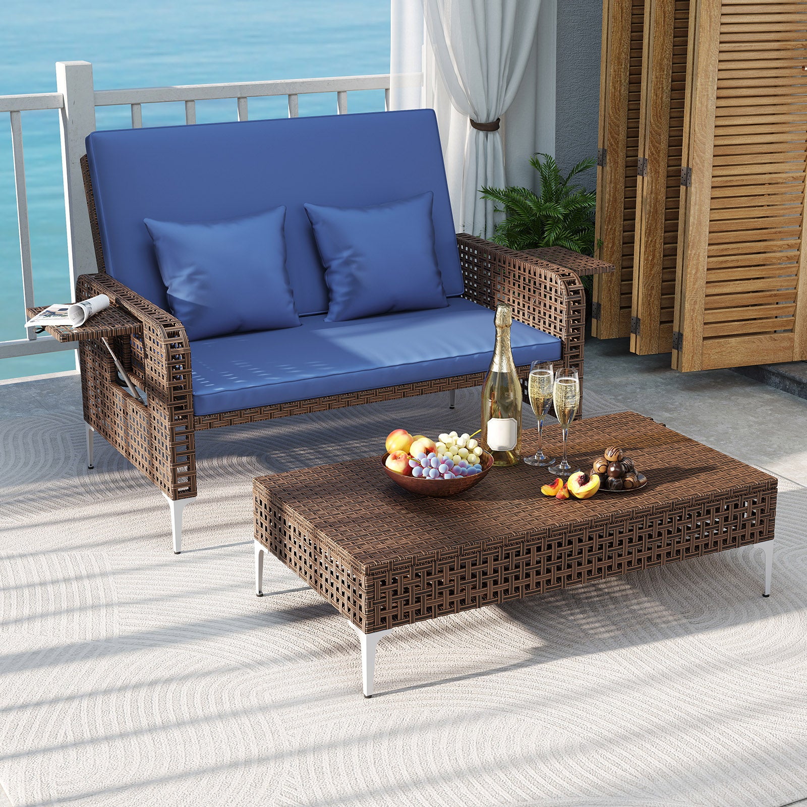 2 Piece Patio Rattan Daybed Wicker Loveseat and Ottoman with Adjustable Backrest, Navy Outdoor Sectionals at Gallery Canada