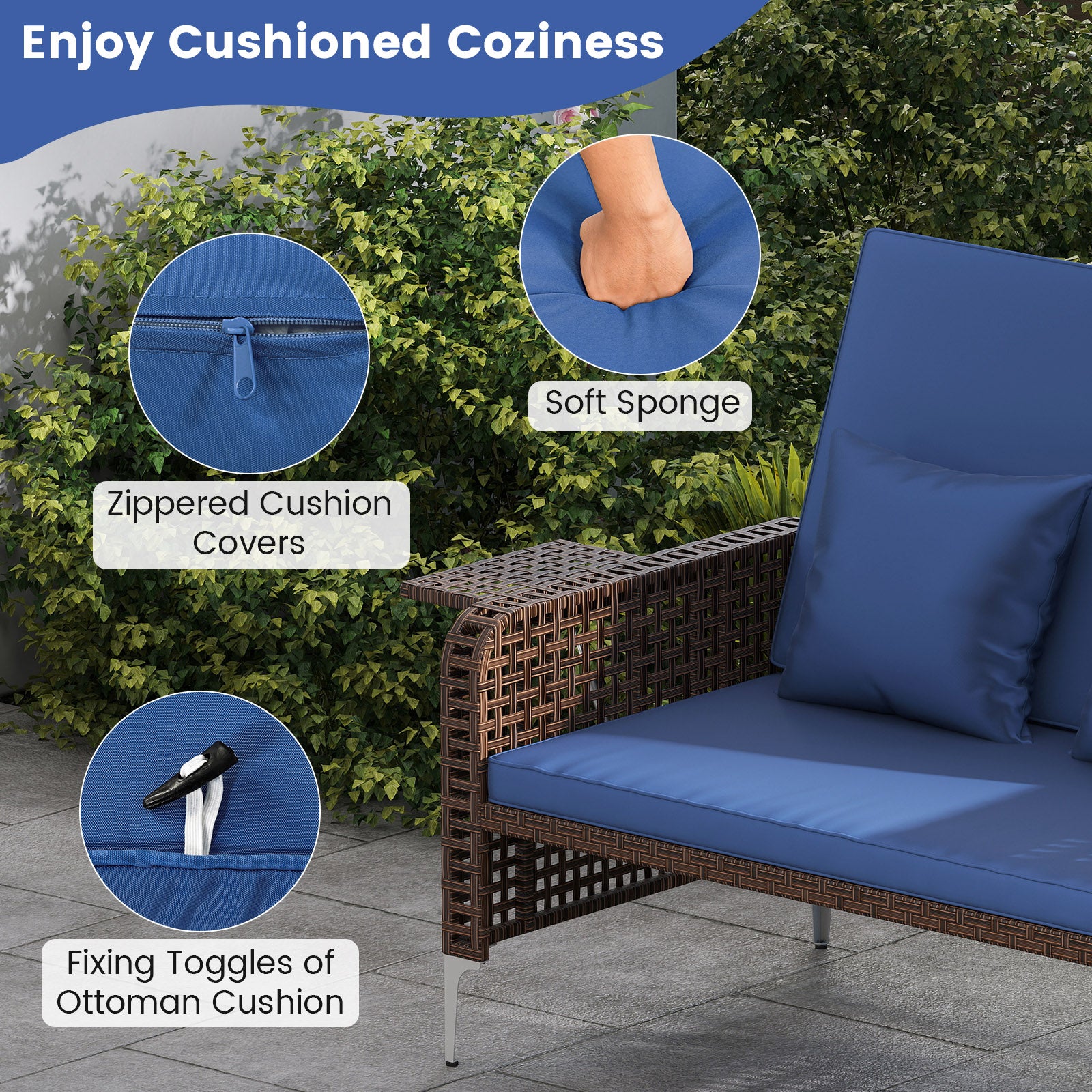 2 Piece Patio Rattan Daybed Wicker Loveseat and Ottoman with Adjustable Backrest, Navy Outdoor Sectionals at Gallery Canada