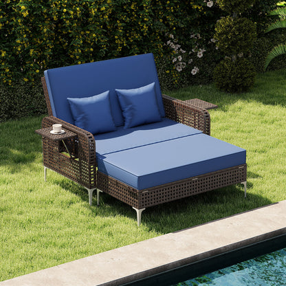 2 Piece Patio Rattan Daybed Wicker Loveseat and Ottoman with Adjustable Backrest, Navy Outdoor Sectionals at Gallery Canada