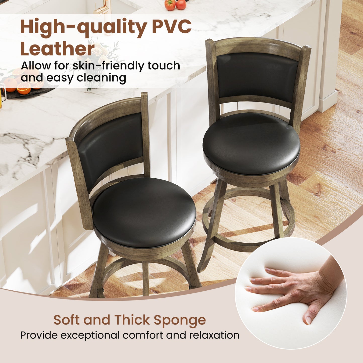 24 Inch Swivel Counter Stool, Upholstered Seat, Gray Bar Stools at Gallery Canada