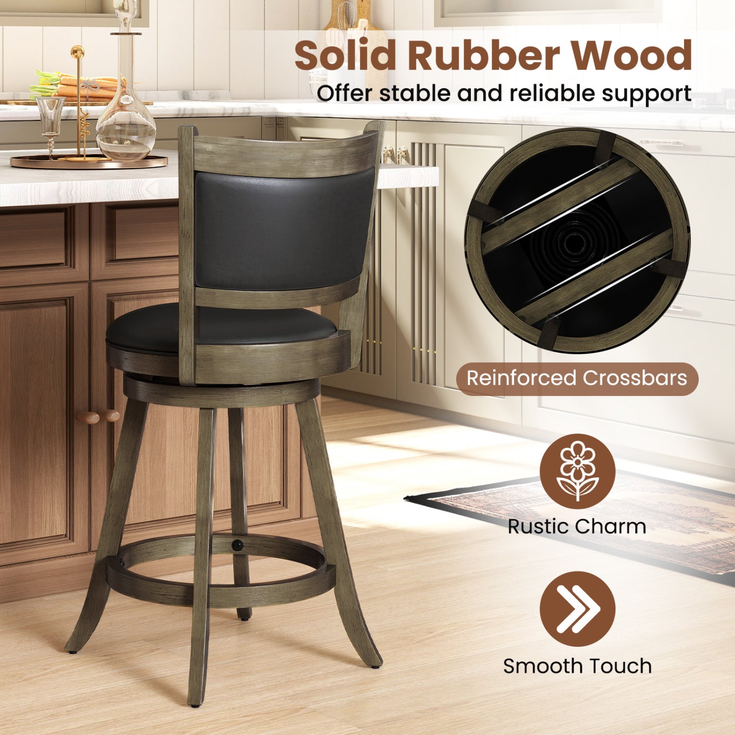24 Inch Swivel Counter Stool, Upholstered Seat, Gray Bar Stools at Gallery Canada