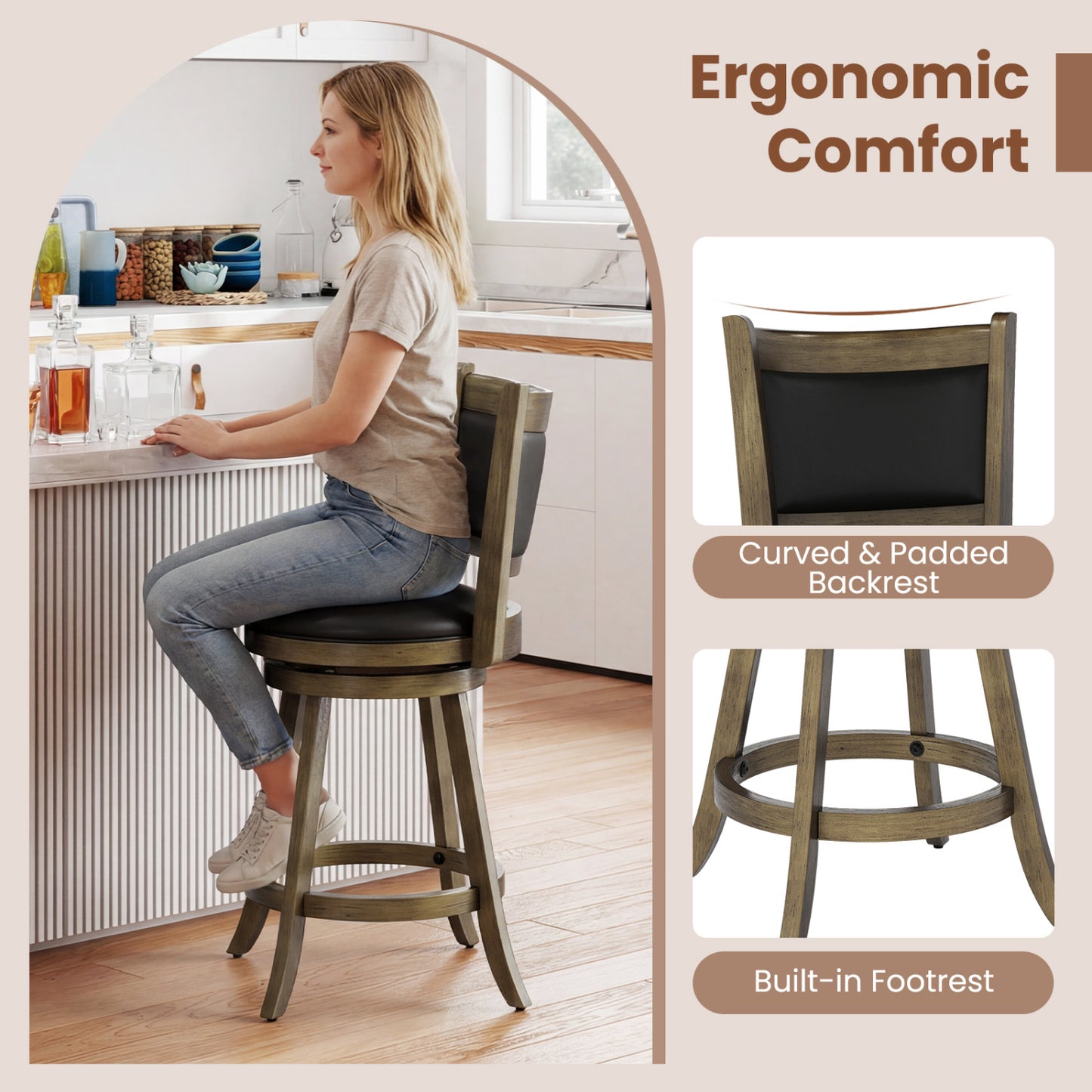 24 Inch Swivel Counter Stool, Upholstered Seat, Gray Bar Stools at Gallery Canada