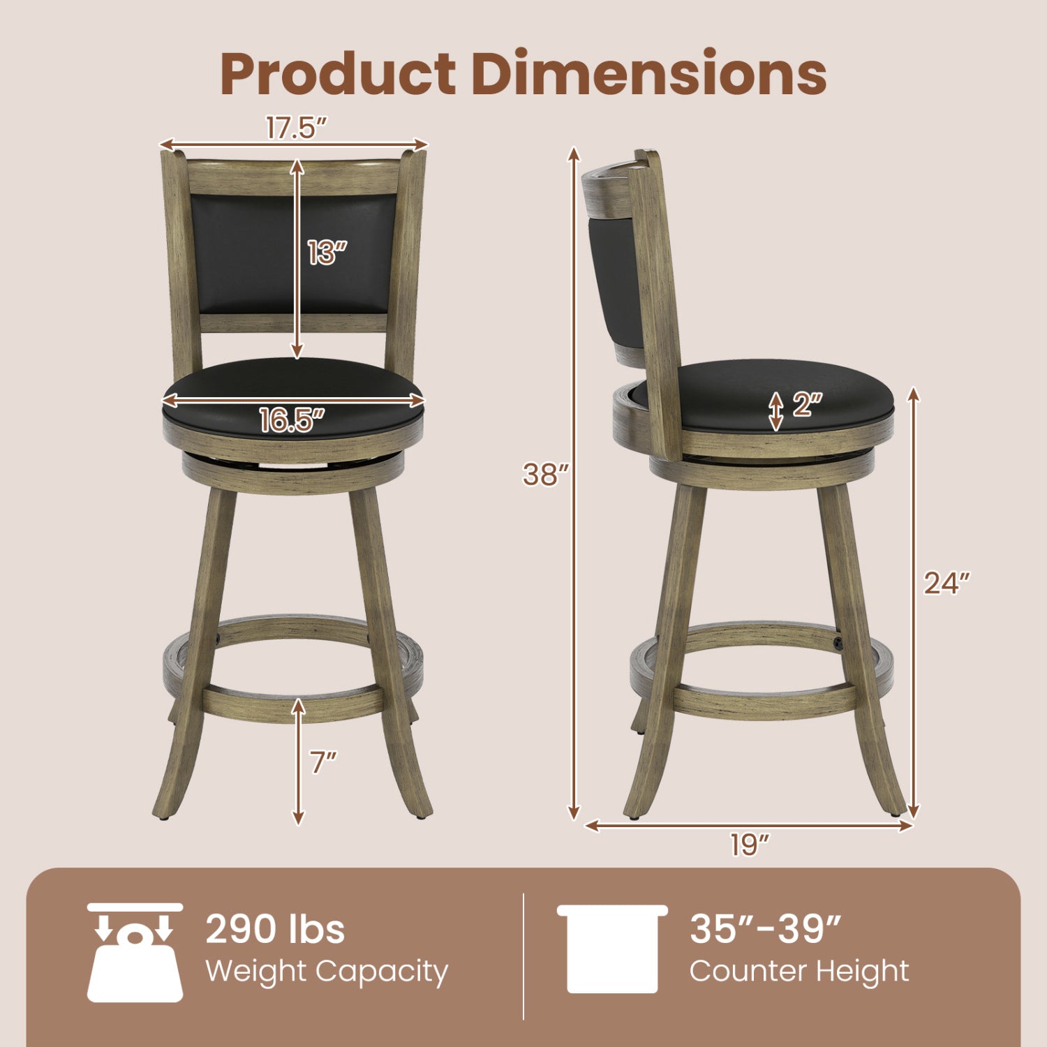 24 Inch Swivel Counter Stool, Upholstered Seat, Gray Bar Stools at Gallery Canada