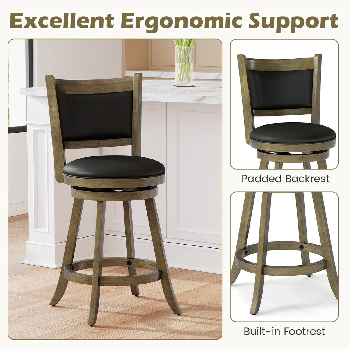 24 Inch Swivel Counter Stool, Upholstered Seat, Gray Bar Stools at Gallery Canada
