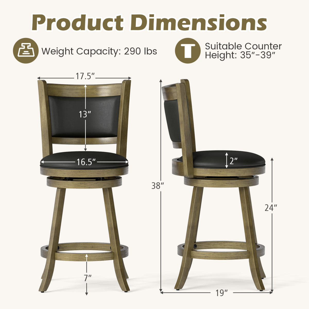 24 Inch Swivel Counter Stool, Upholstered Seat, Gray Bar Stools at Gallery Canada