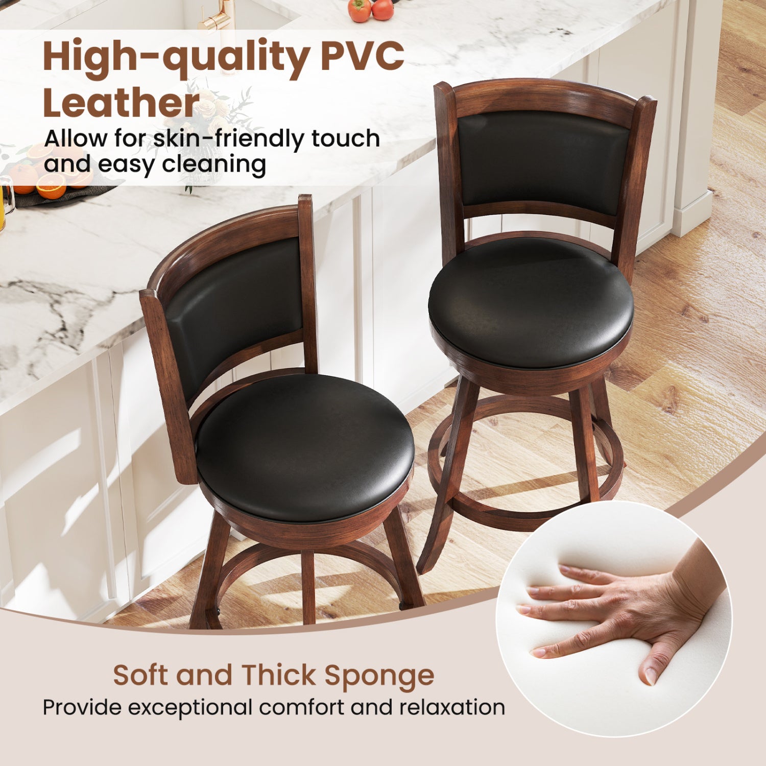 24 Inch Swivel Counter Stool, Upholstered Seat, Brown Bar Stools at Gallery Canada