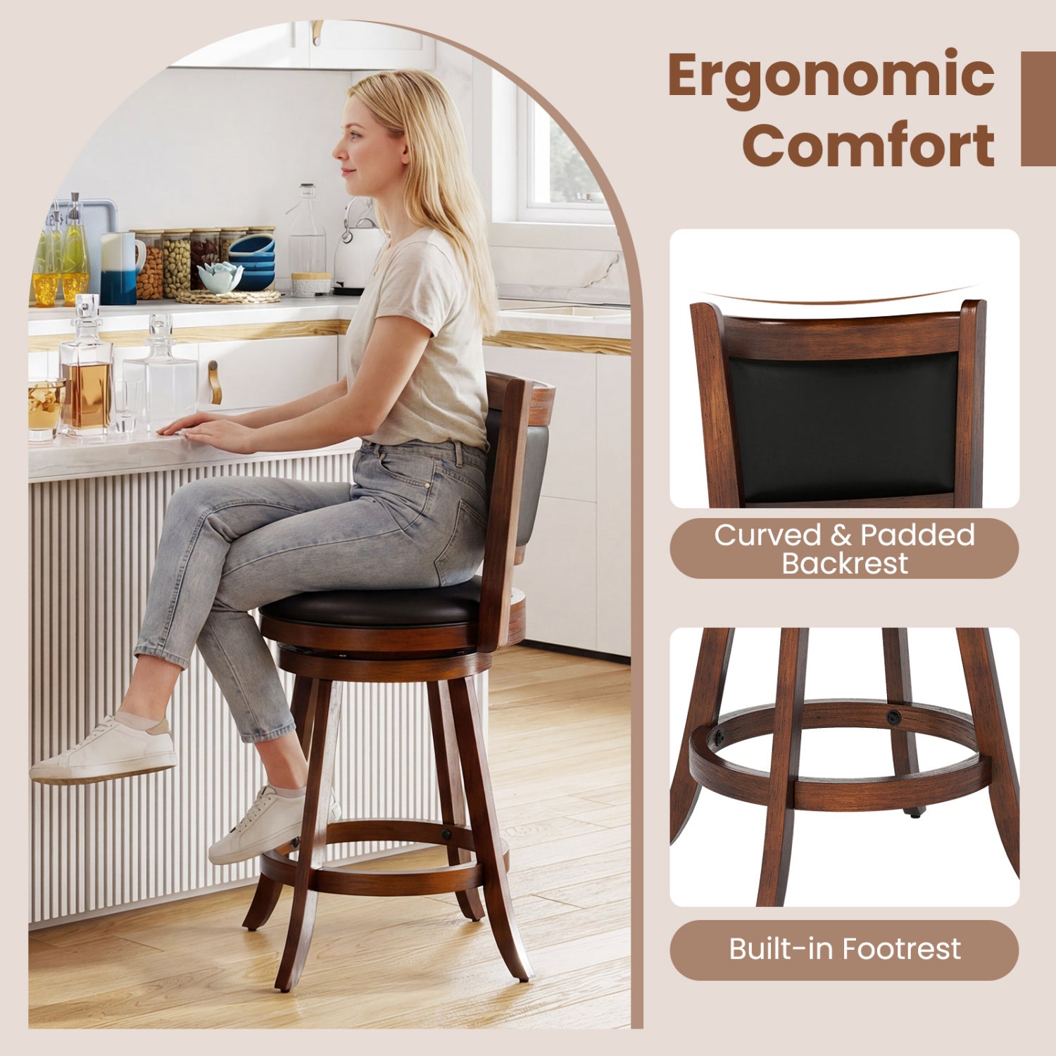 24 Inch Swivel Counter Stool, Upholstered Seat, Brown Bar Stools at Gallery Canada