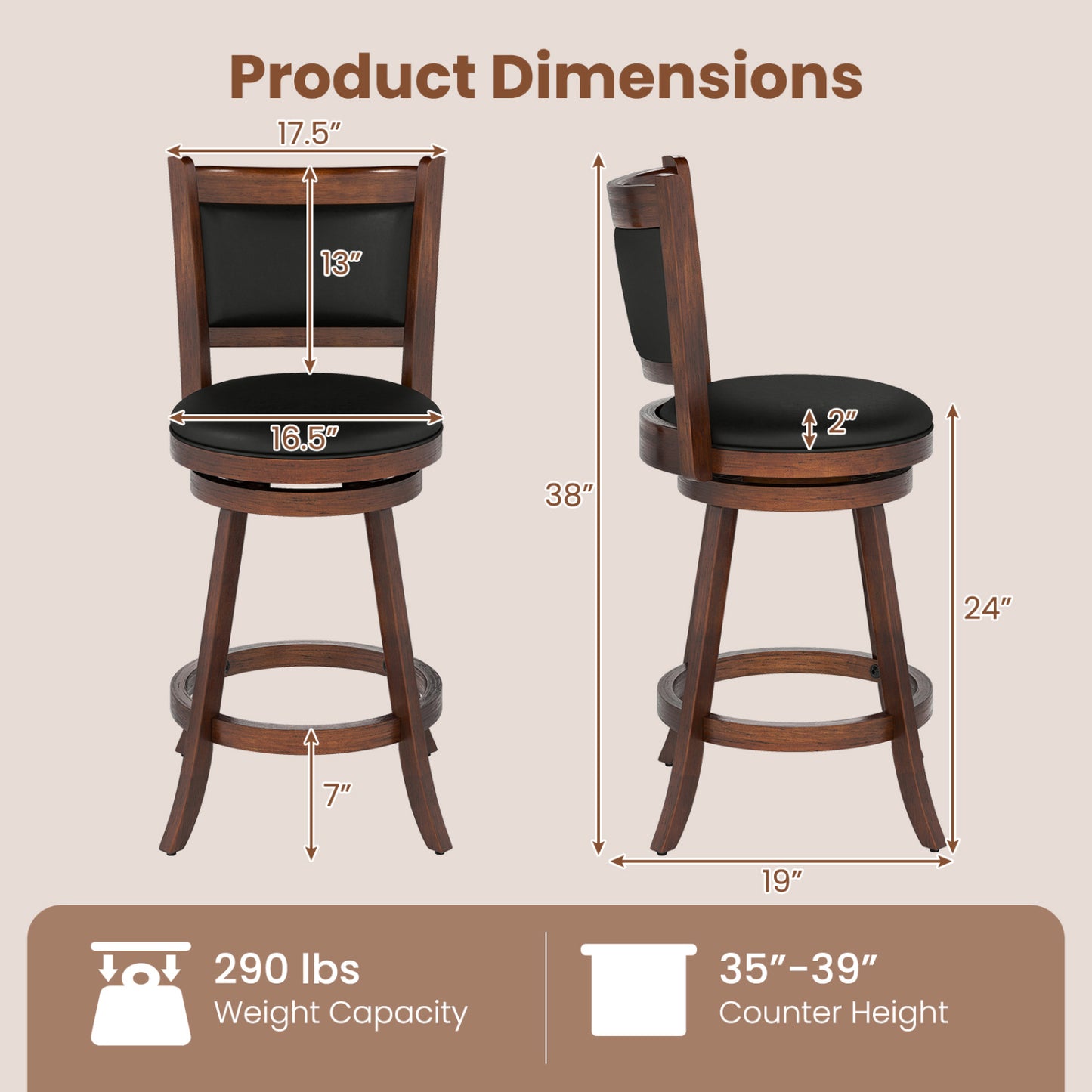 24 Inch Swivel Counter Stool, Upholstered Seat, Brown Bar Stools at Gallery Canada
