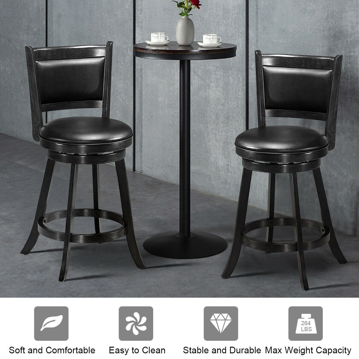 24 Inches Swivel Counter Stool, Upholstered Seat, Black Bar Stools at Gallery Canada