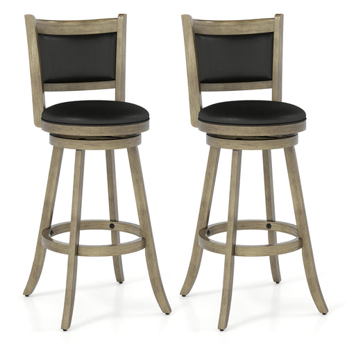 29 Inch Wooden Swivel Bar Stool, PVC Cushioned Seat, Gray