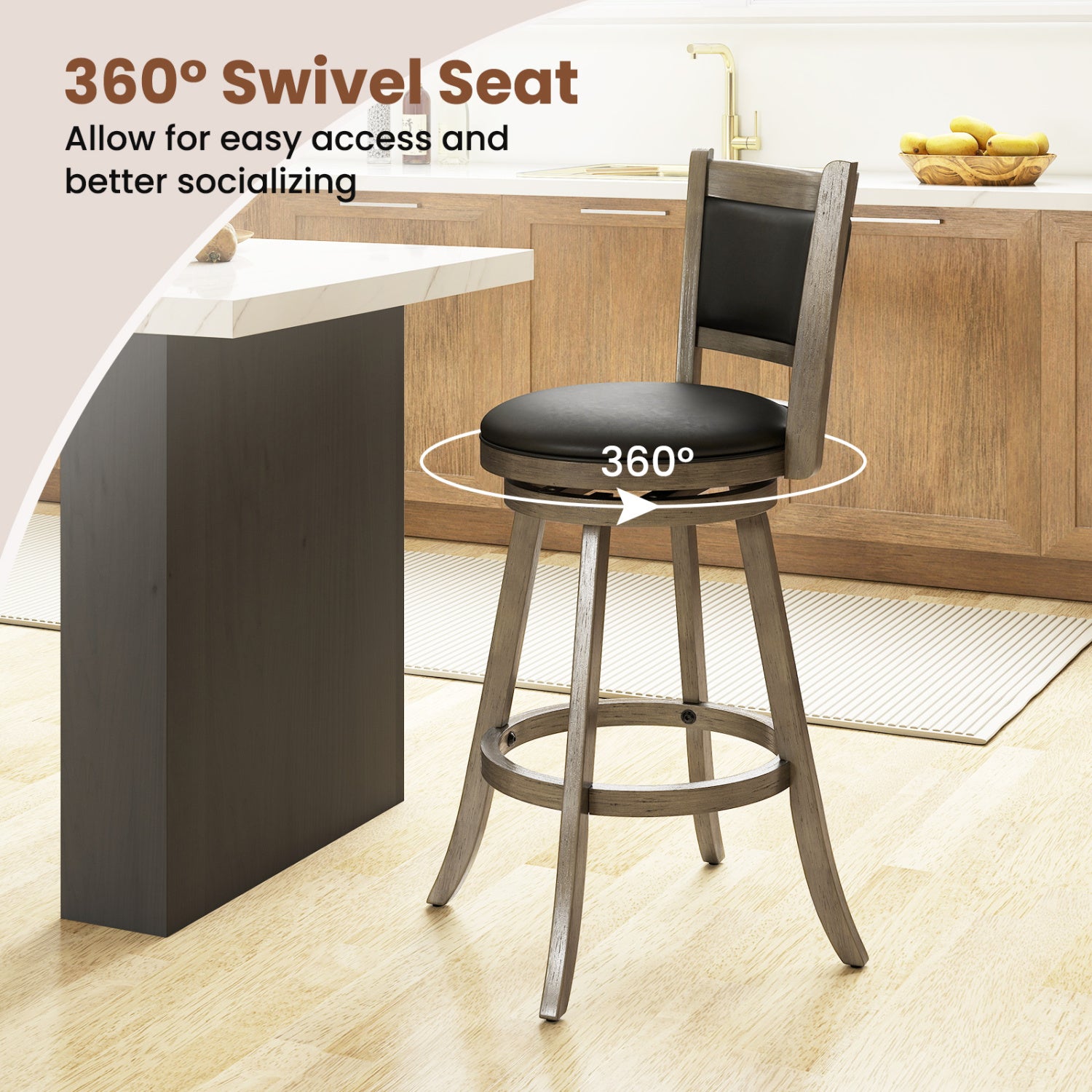 29 Inch Wooden Swivel Bar Stool, PVC Cushioned Seat, Gray Bar Stools at Gallery Canada