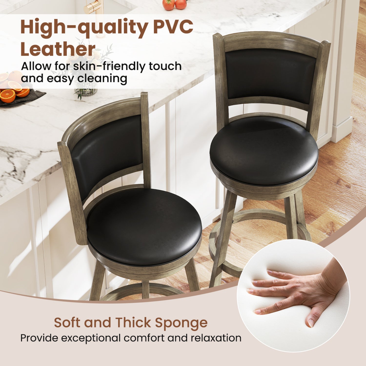 29 Inch Wooden Swivel Bar Stool, PVC Cushioned Seat, Gray Bar Stools at Gallery Canada