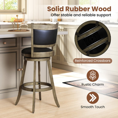 29 Inch Wooden Swivel Bar Stool, PVC Cushioned Seat, Gray Bar Stools at Gallery Canada